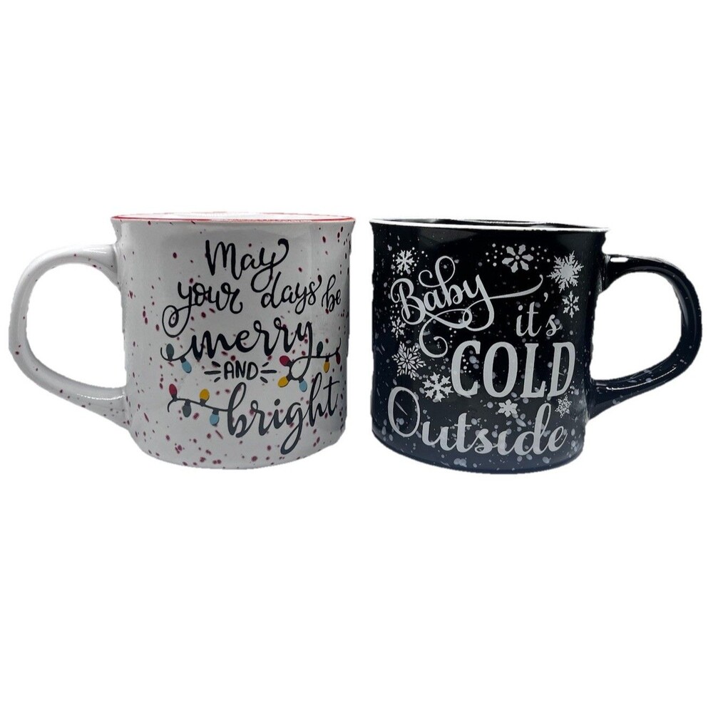 Holly Hill Hot Chocolate Coffee Holiday Christmas Mugs Black White Lot Of 2